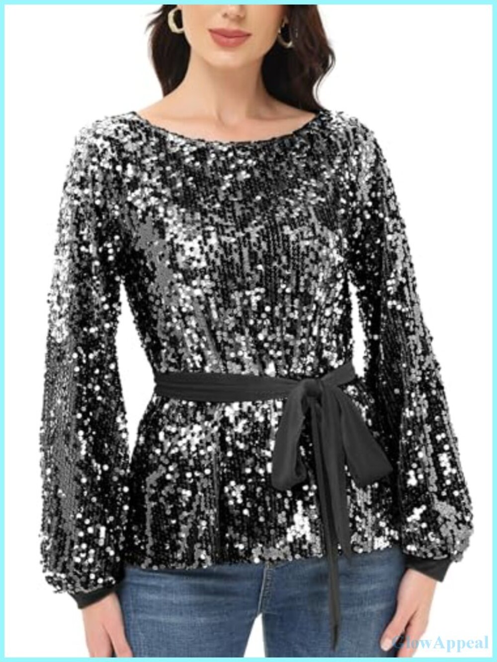 Sequin Long Sleeve Pullover Sweatshirt with Velvet Belt Party Evening